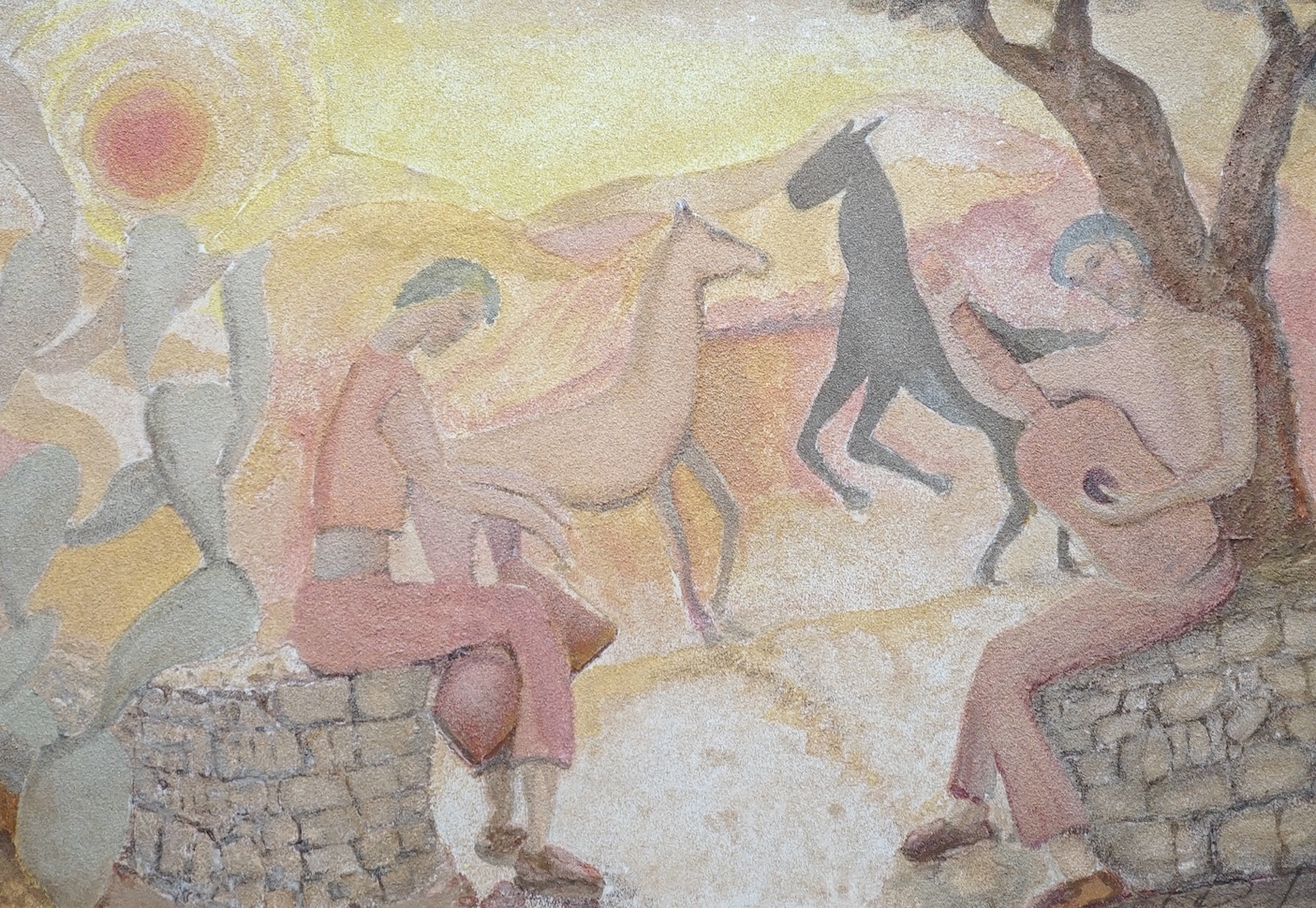 P.O. Luca, sand picture, Surreal landscape, Musicians and horses, signed, 83 x 120cm. Condition - good